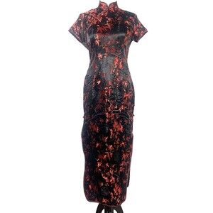 Cheongsam Qipao Black Red Brocade Long Fitted Dress L Mandarin Collar Side Slits